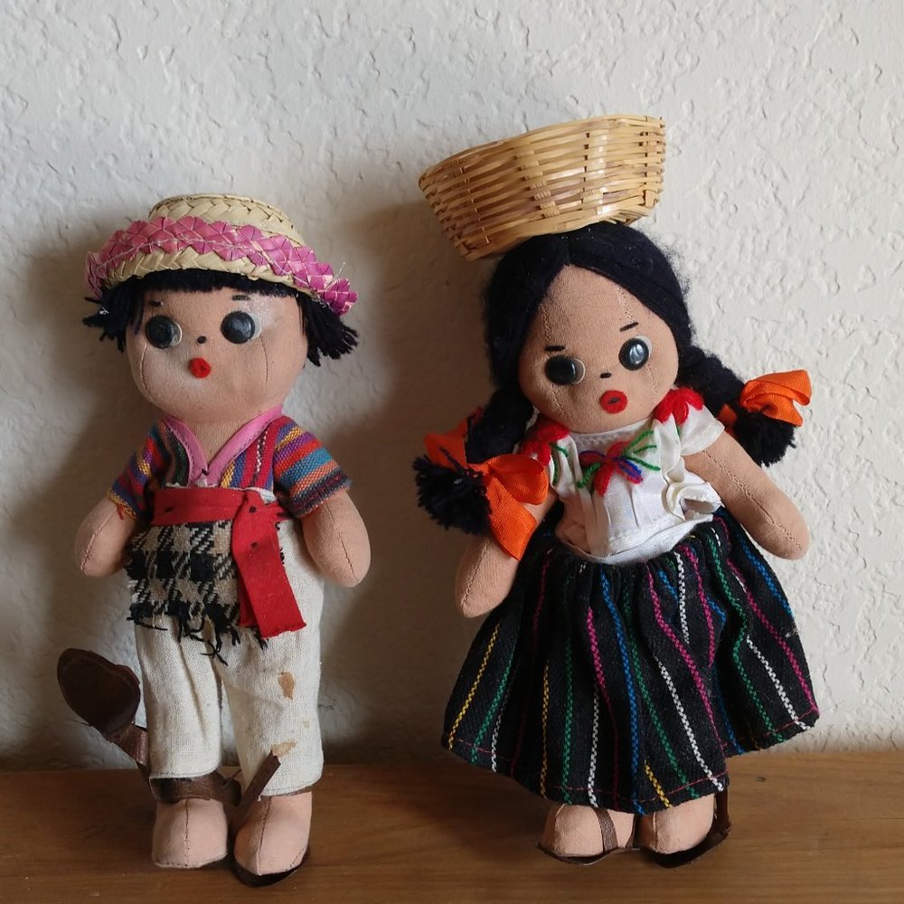 FOLK ART MEXICO PEASANT BOY GIRL DOLL SET  VINTAGE